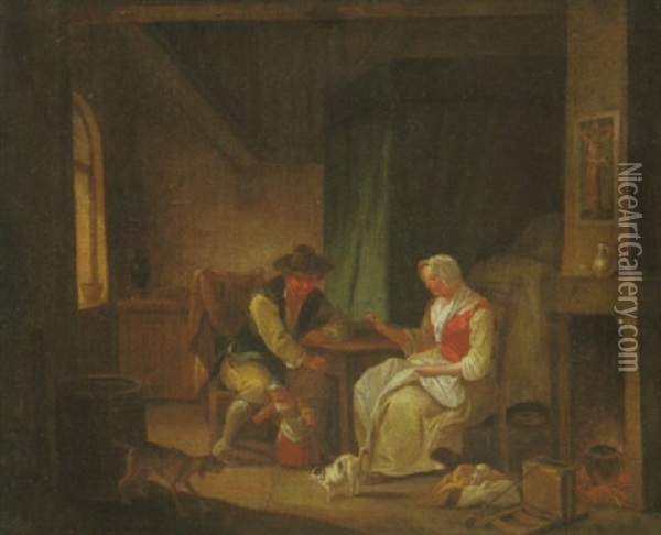 Eine Junge Familie In Einer Stube Mit Dem Tochterchen, Das Erste Gehversuche Unternimmt Oil Painting - Georg Melchior Kraus
