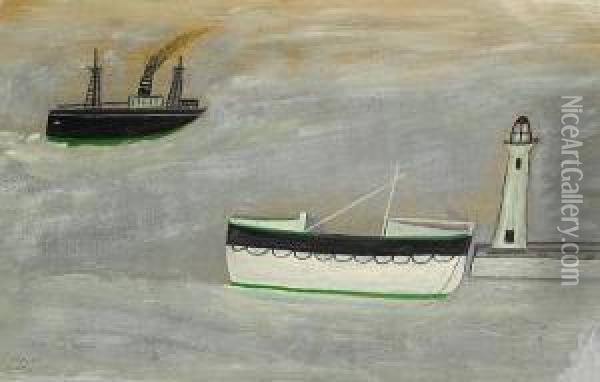 Steamer, Lifeboat And Lighthouse Oil Painting - Alfred Wallis