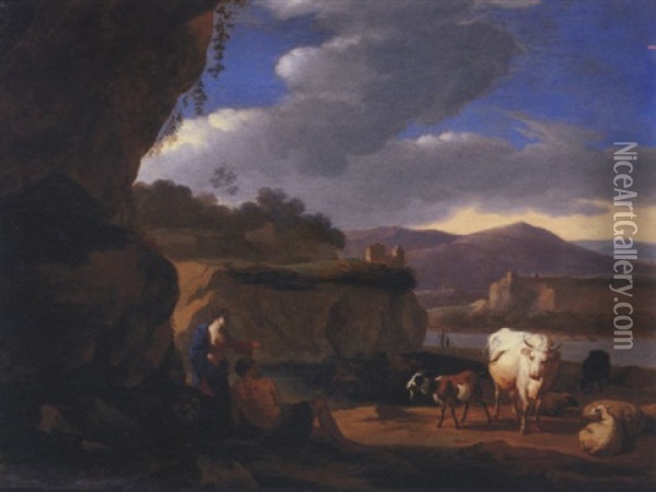 An Italianate Landscape With A Shepherd Couple With Sheep, Cattle And Goats Oil Painting - Martinus De La Court