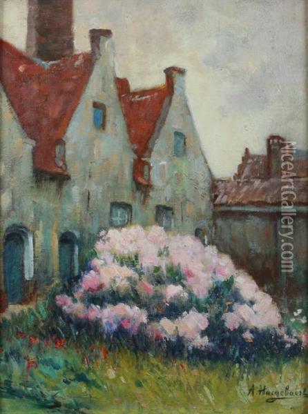 Farmhouse With Pink Peonies Oil Painting - A Haeghebaert