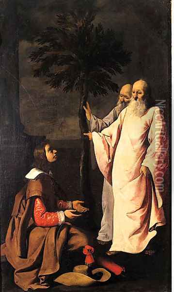 A young Gentleman kneeling before two elders Oil Painting - Francisco De Zurbaran