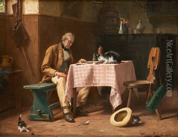 Le Chasseur Et Ses Chats Oil Painting - Gerard Jozef Portielje