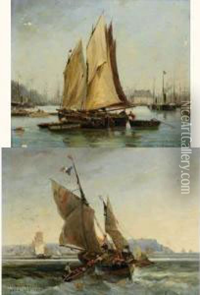Bateaux Devant Honfleur Oil Painting - Gaston-Marie-Anatole Roullet