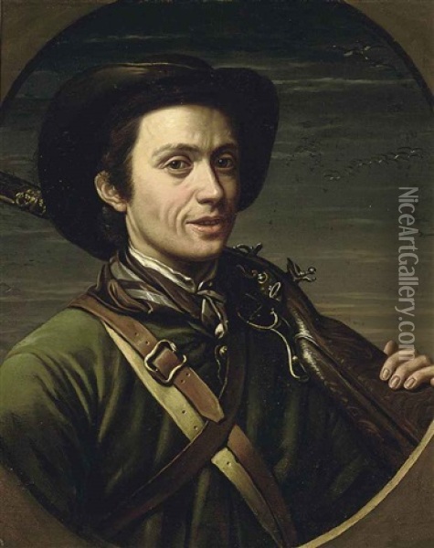 Portrait Of The Artist In Hunting Dress, A Rifle Resting On His Shoulder, With Duck In Flight Beyond Oil Painting - Giovanni Francesco Briglia