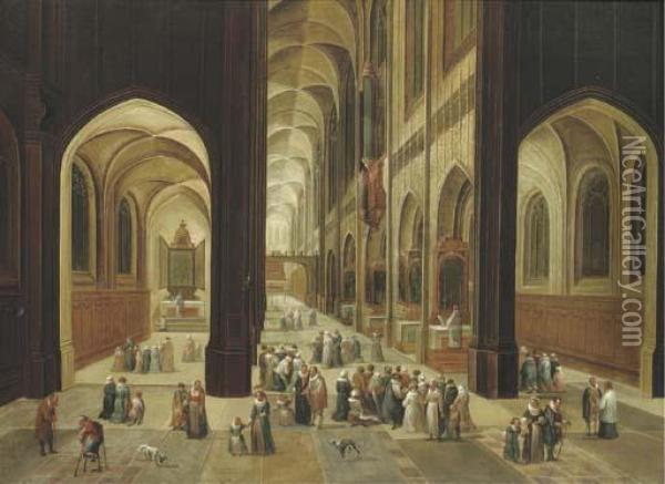 The Interior Of A Gothic Church With Elegant Company Oil Painting - Pieter Ii Neefs