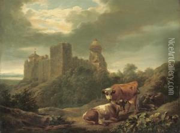 Cows In A Mountain Landscape With A Castle Beyond Oil Painting - Pieter Gerardus Van Os
