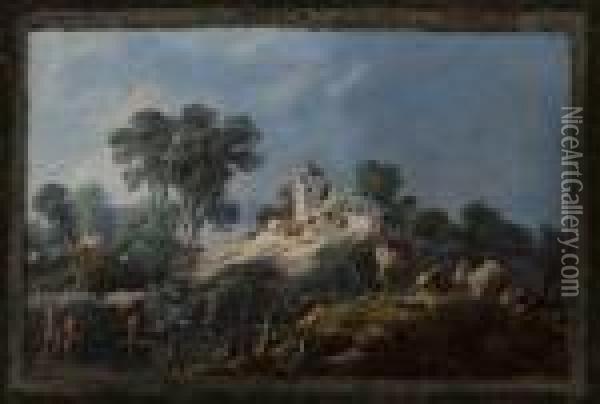 Repos De Paysans Sur Un Tertre Devant Une Ferme Dans Un Encadrementsimule Oil Painting - Jean-Baptiste Pillement