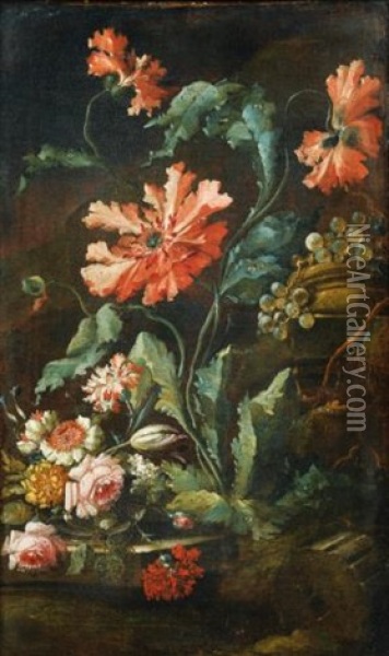 Nature Morte Aux Fleurs Et Grappes De Raisins Oil Painting - Karel van Vogelaer