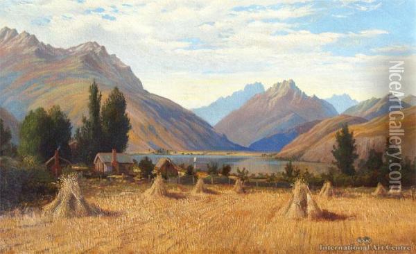 Oat Stooks, Lake Hayes, Otago Oil Painting - Charles Blomfield