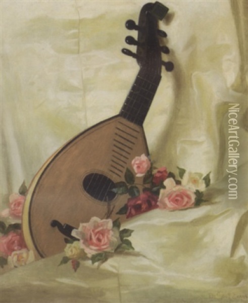Mandolin And Roses Oil Painting - De Scott Evans