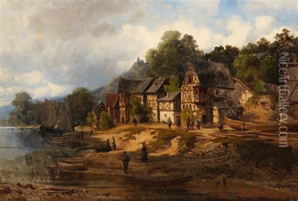 A Small Town By The Rhine Oil Painting - August Schaeffer