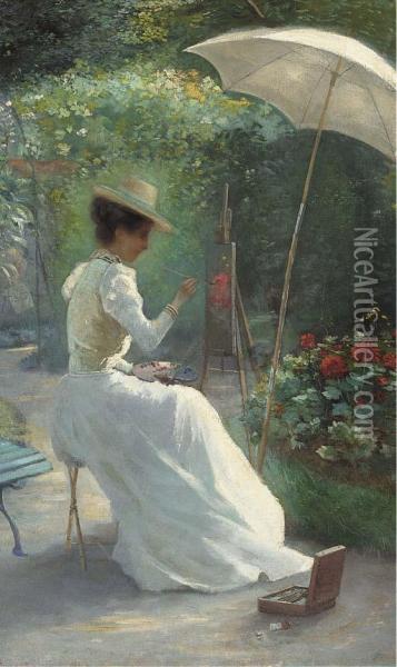 A Young Lady Painting In The Garden Oil Painting - Charles Endres
