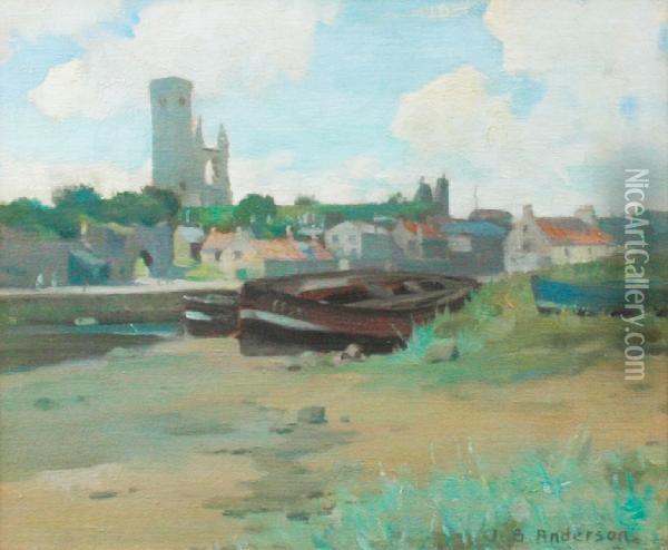 View Of A Town From The River Bank, Apair Oil Painting - James Bell Anderson