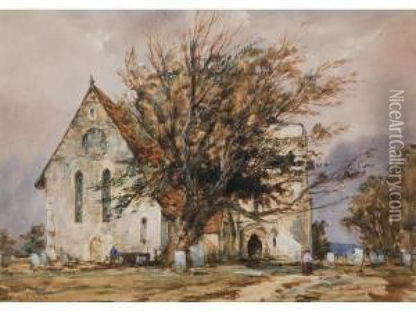 A Church Probably In Sussex With Aged Yew Tree, Gravestones And Figures Oil Painting - Richard Henry Nibbs