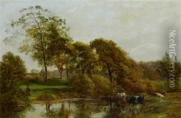 Cows Watering By A River Oil Painting - George Vicat Cole
