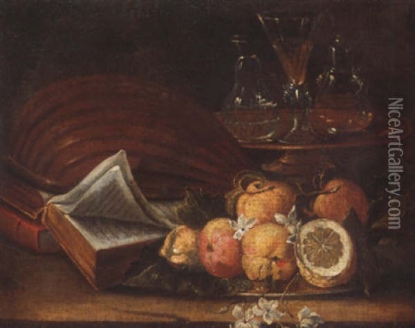 Still Life Of A Lute, Books, Apples And Lemons, Together With A Gilt Tazza With A Wine Glass And Decanters, All Upon A Stone Ledge Oil Painting - Cristoforo Munari