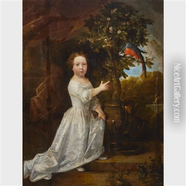 Young Girl In A Garden Pointing To A Parrot Oil Painting - Eglon Hendrik van der Neer