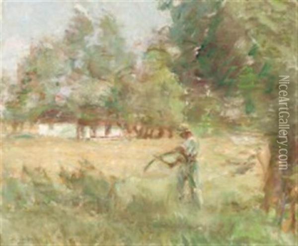 A Farmer Harvesting With A Scythe Oil Painting - Julius Paulsen