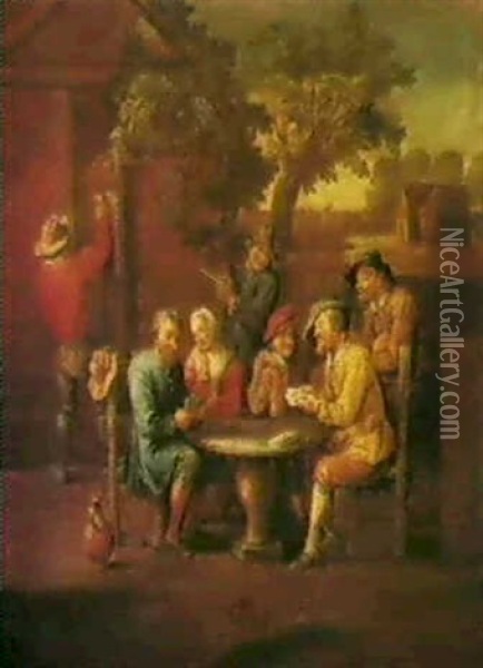 Peasants Playing Cards In A Courtyard Of An Inn Oil Painting - Francois Eisen