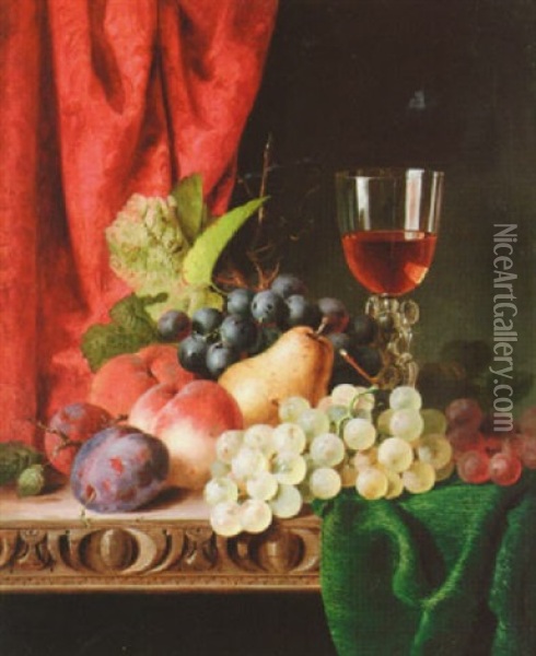 Still Life With Mixed Fruit And A Wine Glass On A Ledge Oil Painting - Edward Ladell