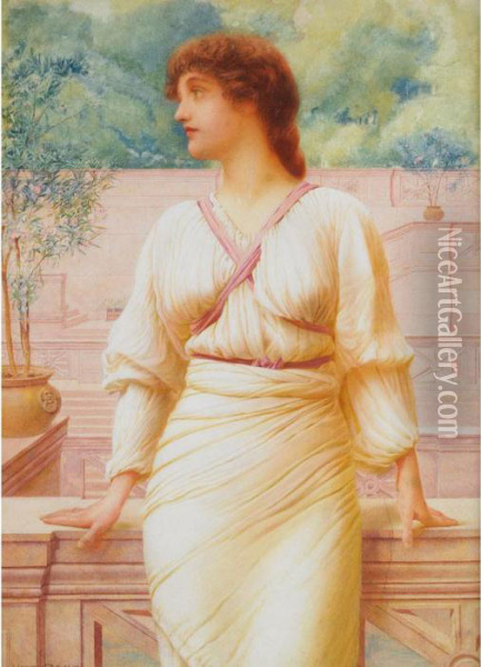 A Grecian Beauty On A Marble Terrace Oil Painting - Henry Ryland