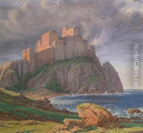 Castle Overlooking A Rocky Coast Oil Painting - Karoly Miksa Reiszmann