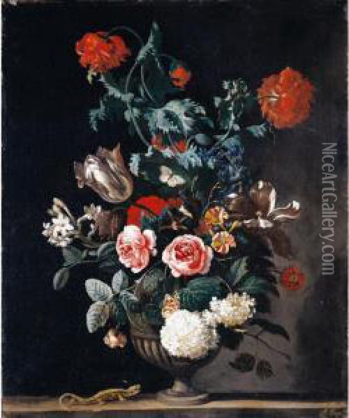 Still Life Of Flowers, Including
 Roses, Tulips And Chrysanthemums, In A Stone Vase With Butterflies And A
 Lizard Oil Painting - Abraham Jansz Begeyn