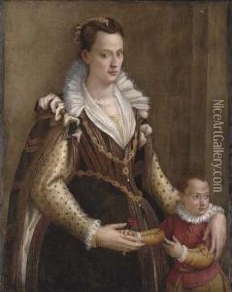 Portrait Of A Lady With A Child,
 Traditionally Identified As Eleonora De' Medici, Duchess Of Mantua 
(1567-1611) With Her Son Francesco Iv (1586-1612), Three-quarter-length,
 She Wearing A Corseted Dress With A White Collar, He Holding A Red 
Carnati Oil Painting - Lavinia Fontana