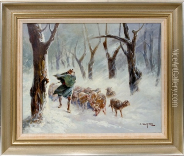 Sheep Herder In Winter Oil Painting - John (Giovanni) Califano
