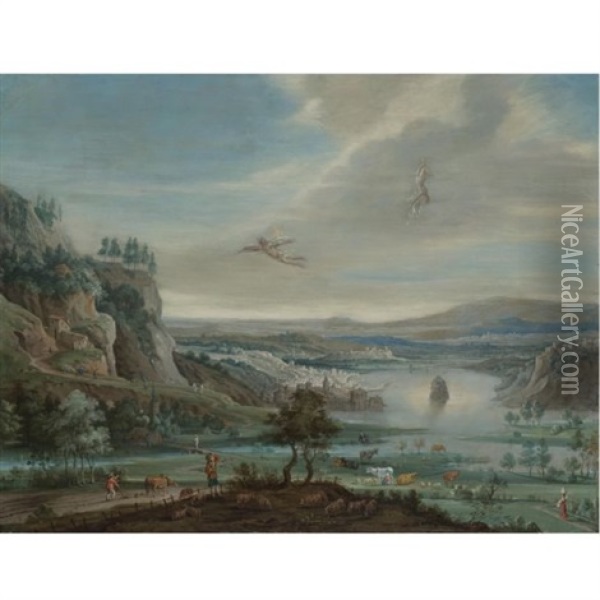 An Extensive River Landscape With The Fall Of Icarus Oil Painting - Peter Gysels
