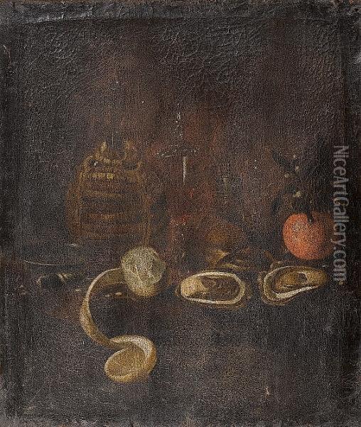 A Still Life Of A Carafe Of 
Wine, A Silver Dish, A Knife, A Glass Of Red Wine, Oysters, A Peeled 
Lemon, A Salt And An Ornage On A Table Oil Painting - Barend or Bernardus van der Meer