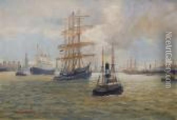 Hamburger Hafen Mit Viermaster Und Passagierdampfer Oil Painting - Alfred Jensen