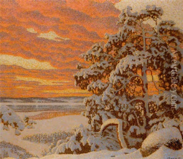 Vinterlandskap I Solnedgangsbelysning Oil Painting - Gustaf Fjaestad