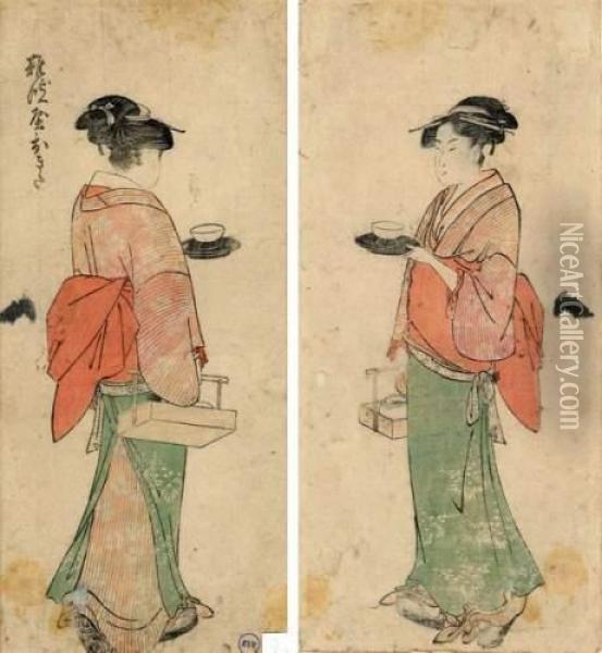 Portrait En Pied De La Belle Okita De La Maison Naniwaya Marchant, Tenant Un Chadai Oil Painting - Kitagawa Utamaro