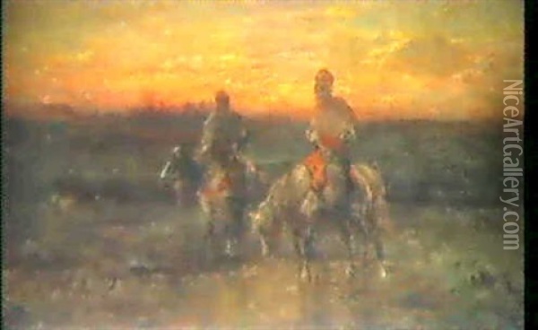 Zwei Reiter Bei Sonnenuntergang Oil Painting - Adolf Schreyer