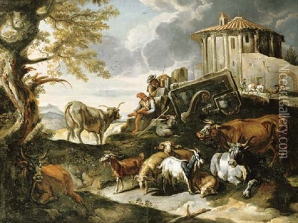 A Capriccio With Herders Resting, The Temple Of Vesta Beyond Oil Painting - Johann Heinrich Roos