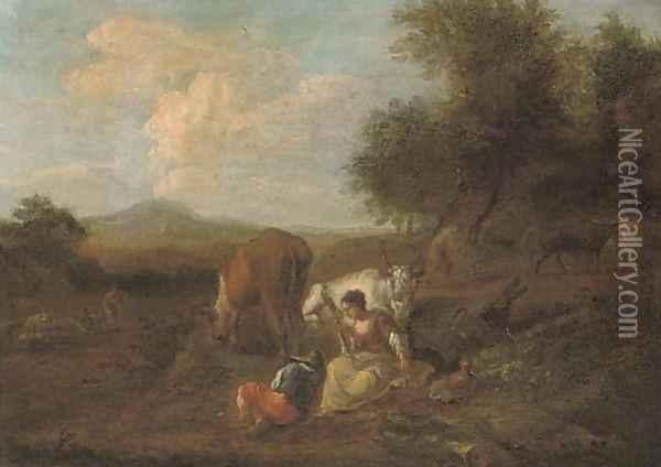 A wooded landscape with figures and cattle at rest, a ploughman beyond Oil Painting - Nicolaes Berchem