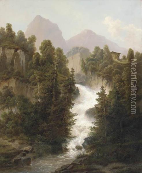 An Alpine Waterfall Oil Painting - H.F. Lang