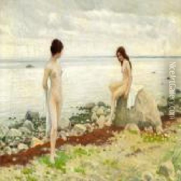 Two Girls On The Beach Oil Painting - Paul-Gustave Fischer