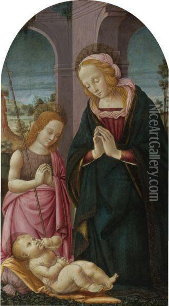 Madonna And The Young St. John The Baptist Adoring The Christchild Oil Painting - Master Of The Fiesole Epiphany