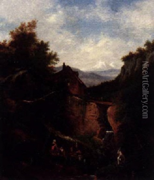 An Alpine Landscape With Figures By A Stream Oil Painting - Francois Diday