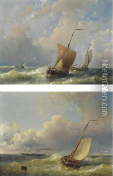 Dutch Fishing Barges In An Offshore Swell Oil Painting - Abraham Hulk Jun.