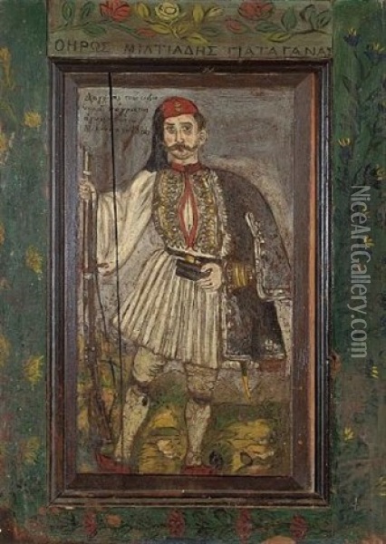 The Hero Miltiadis Yiataganas Oil Painting - Theofilos Hadjimichail