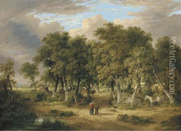 A Wooded Landscape With Figures On A Track, A Cottage Beyond Oil Painting - James Stark