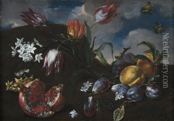 Natura Morta Con Fiori, Frutta E Farfalle Oil Painting - Bartolommeo Bimbi