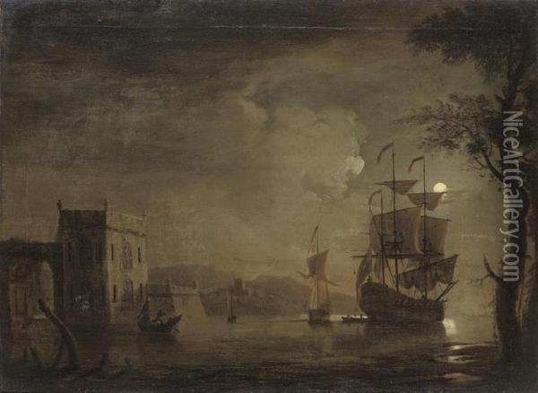 An English Warship Drifting Down The River Under The Cover Ofdarkness Oil Painting - Regnier Remigius Zeeman /