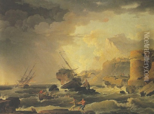 Navires Pres Du Rivage Mediterranneen Sur Une Mer Agitee Oil Painting - Jean Henry d' Arles