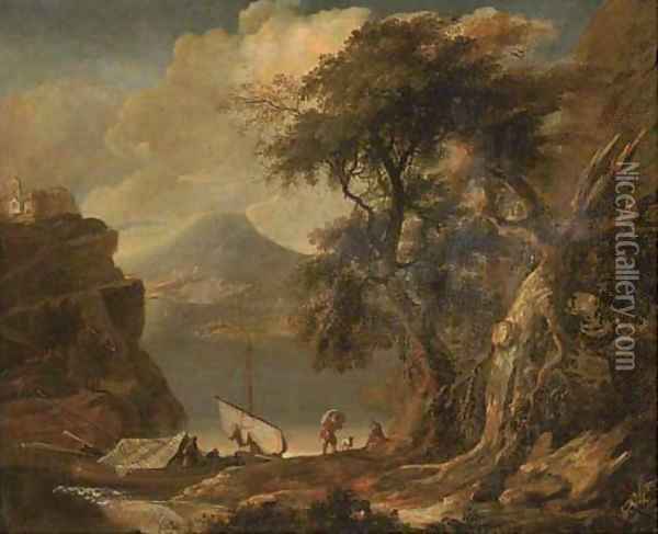 A mountainous river landscape with figures and boats in a wooded inlet Oil Painting - Jacob De Heusch