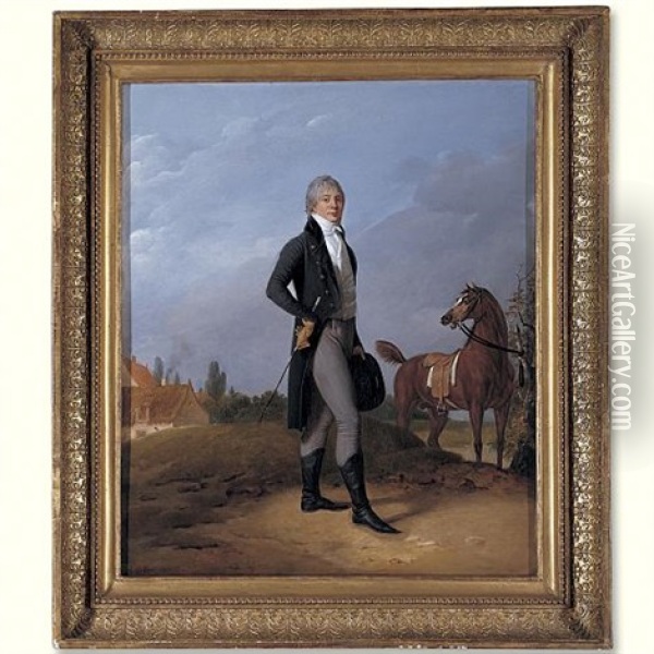 Portrait Of Alexis Gedeon, Wearing A Blue Jacket And Holding A Whip And Top Hat, His Horse Is Tethered To A Tree Nearby (collab. W/carle Vernet) Oil Painting - Robert Jacques Francois Faust Lefevre