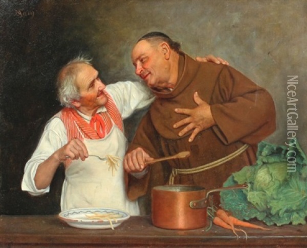 Monk And Chef In Kitchen Oil Painting - David Sani